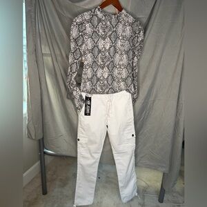 FULL OUTFIT: Snakeskin top, white pants